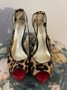 GUESS Leopard-Print Slingback Peep-Toe Heels with Red Platform